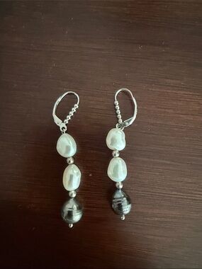 Sterling Silver Freshwater Pearl Drop Earrings - White and Black